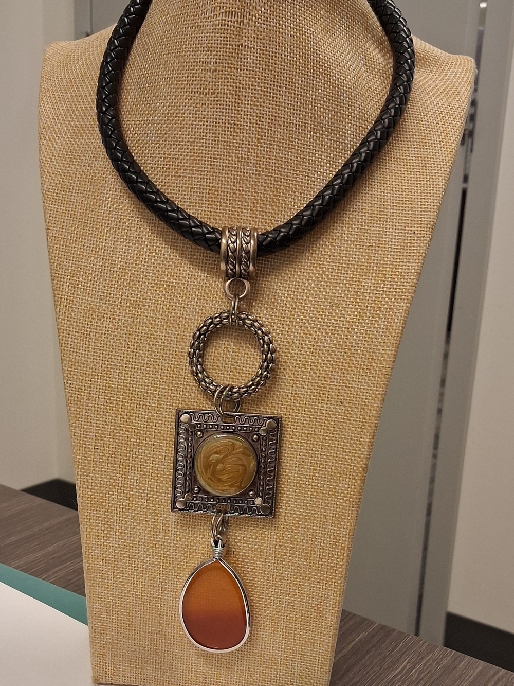 Black heavy Braided Cord Necklace with Amber and Silver Accents